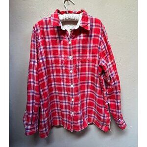 L.L. Bean Womens Button Fleece-Lined Flannel Shirt Jacket Large Red Plaid Casual